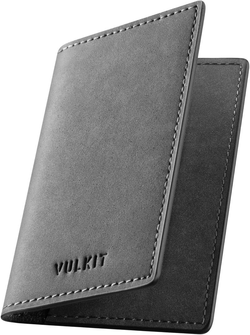 VULKIT Leather Business Card Holder 2 Sided Slim Business Name Card Organizer for Men or Women (Yangba Grey) - Image 1